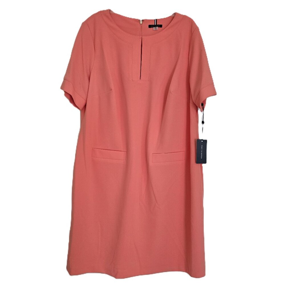 NWT Tommy Hilfiger Grapefruit Coral Scuba Crepe Shift Dress w/Gold Hardware, 18W